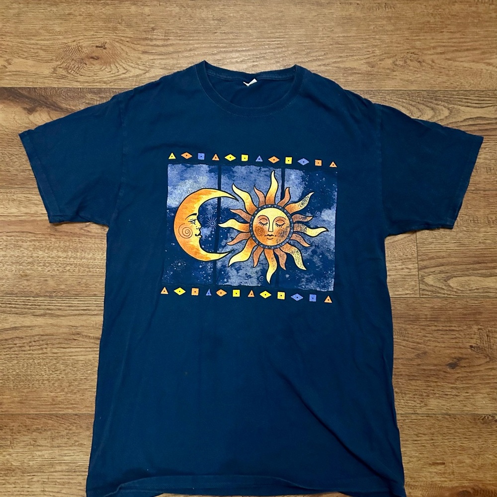Celestial T Shirt Graphic Sun and Moon Navy Blue Vintage Unisex